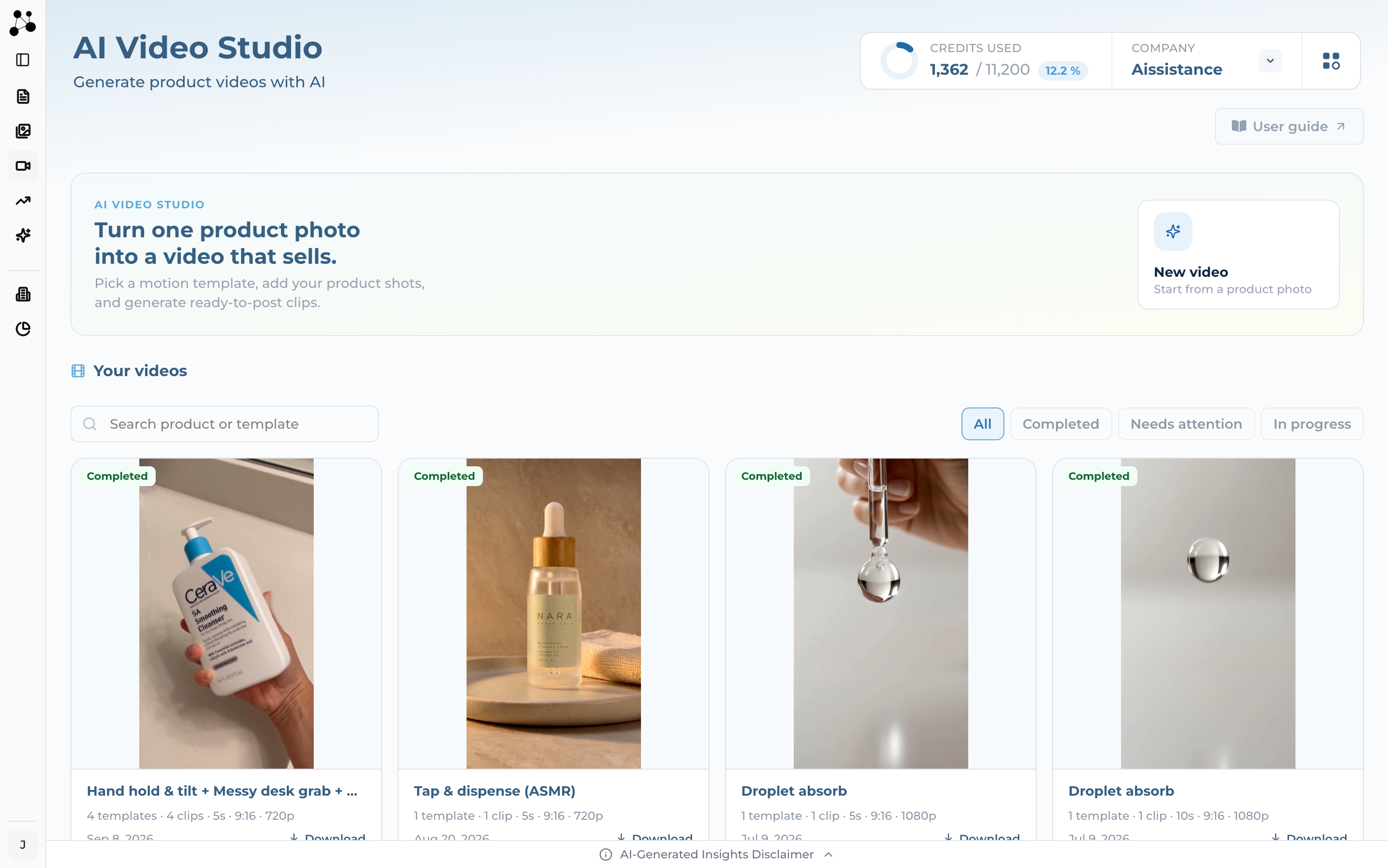 The AI Video Studio landing gallery with a New video button, a search box and status filters