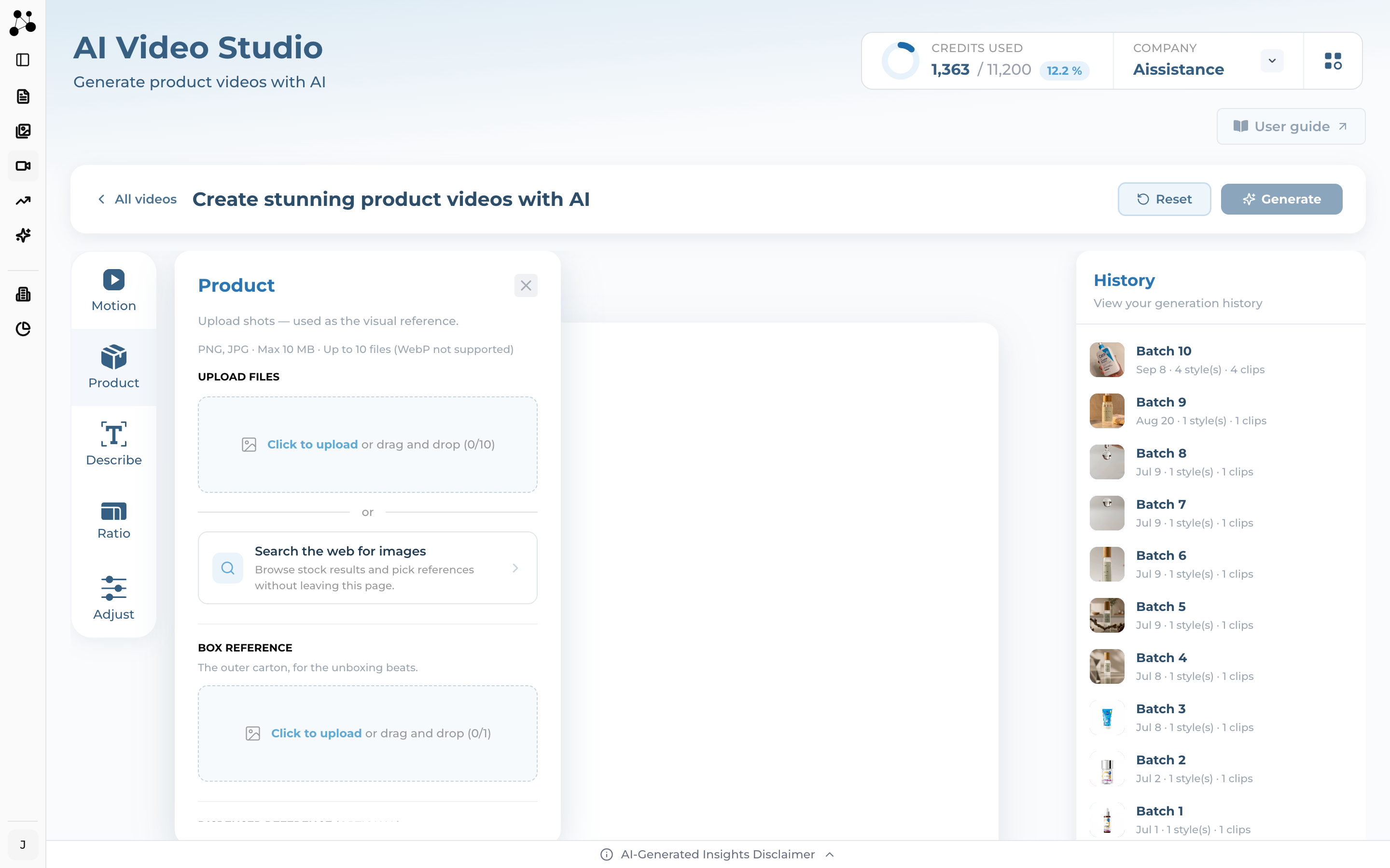 The Product panel with the upload area, a Search the web option, and per-motion reference slots for Box, Dispenser and Texture