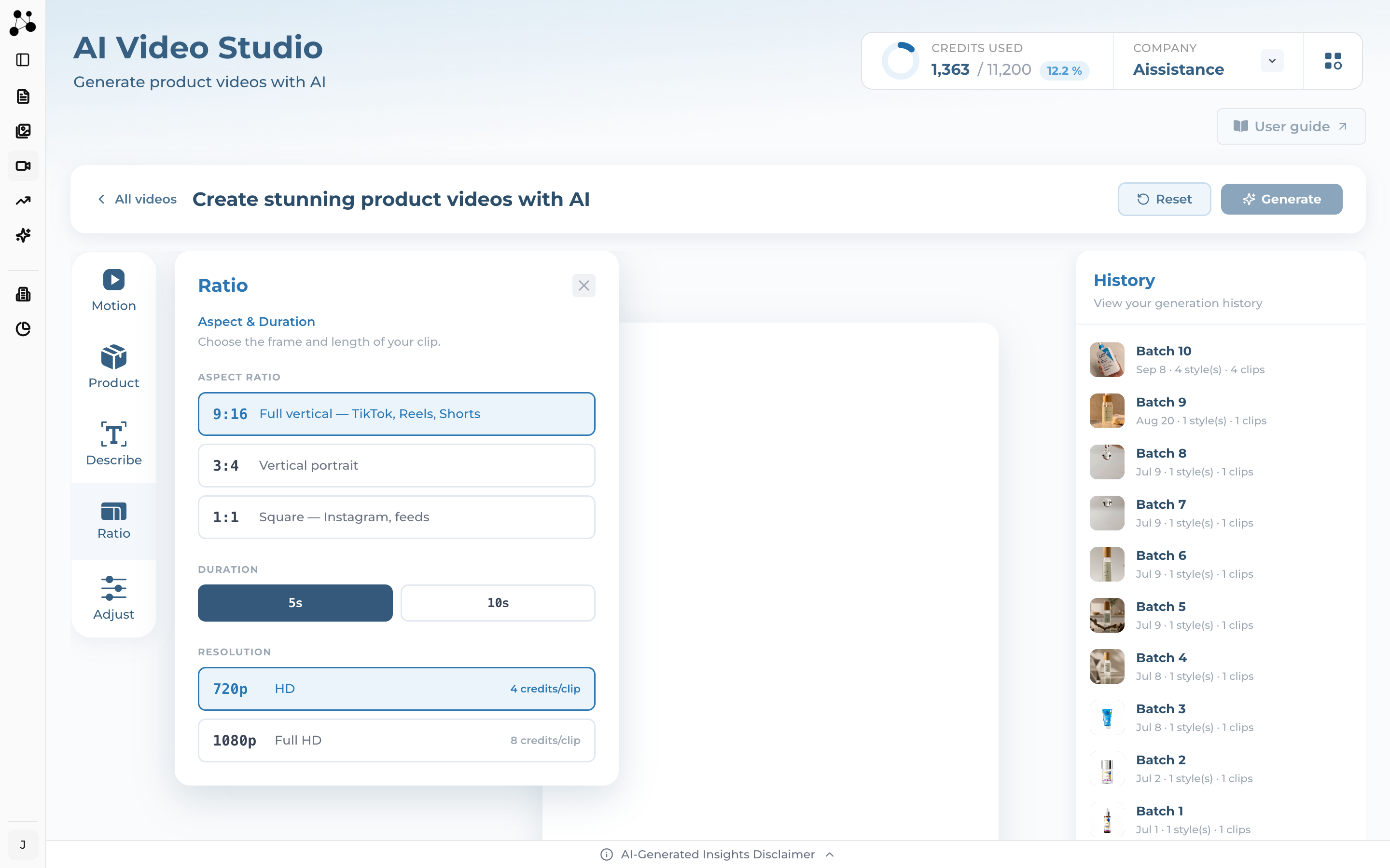 The Ratio panel with aspect-ratio, duration and resolution choices and a per-clip credit price