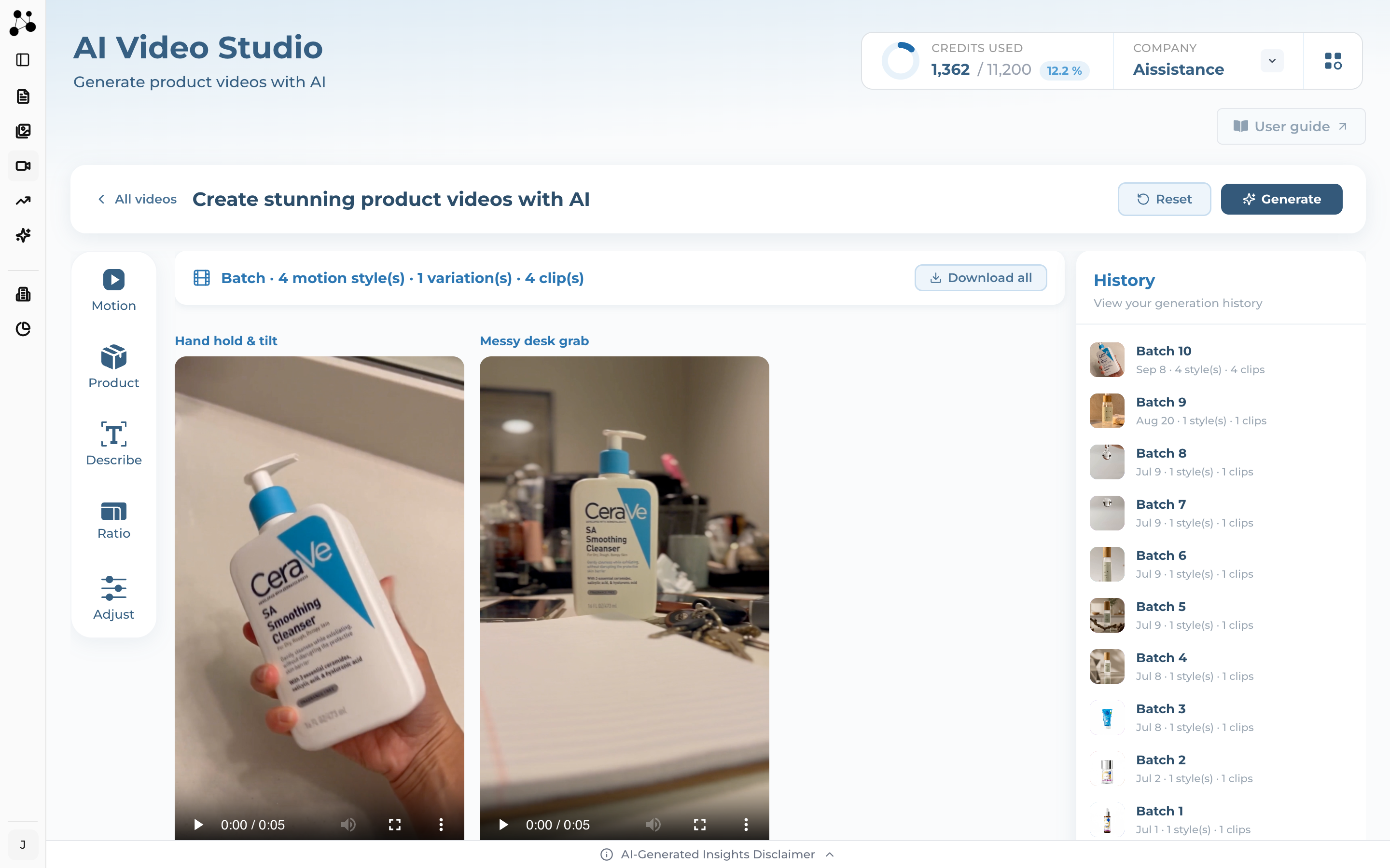 A completed batch with clip previews, download buttons and per-clip regenerate controls